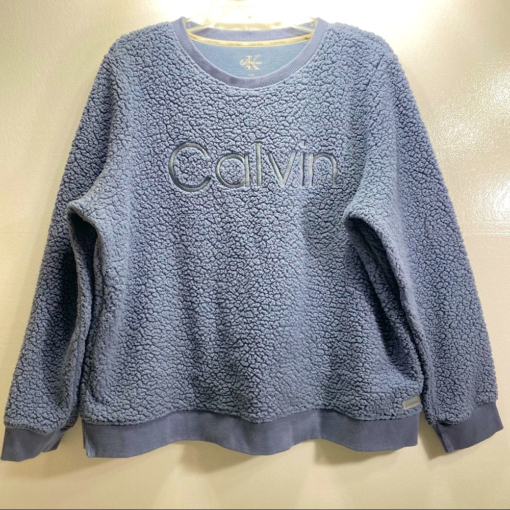 Calvin Klein Sherpa Sweatshirt Womens Size Large Blue Long Sleeve Sweater